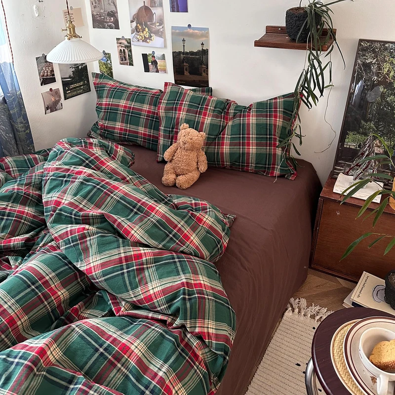 mixinni Vintage Green Buffalo Plaid Washed Cotton Duvet Cover Twin - Soft Breathable Textured Bedding Set with Zipper Closure for All Seasons-1 Duvet Cover + 2 Pillow Shams-Twin Size