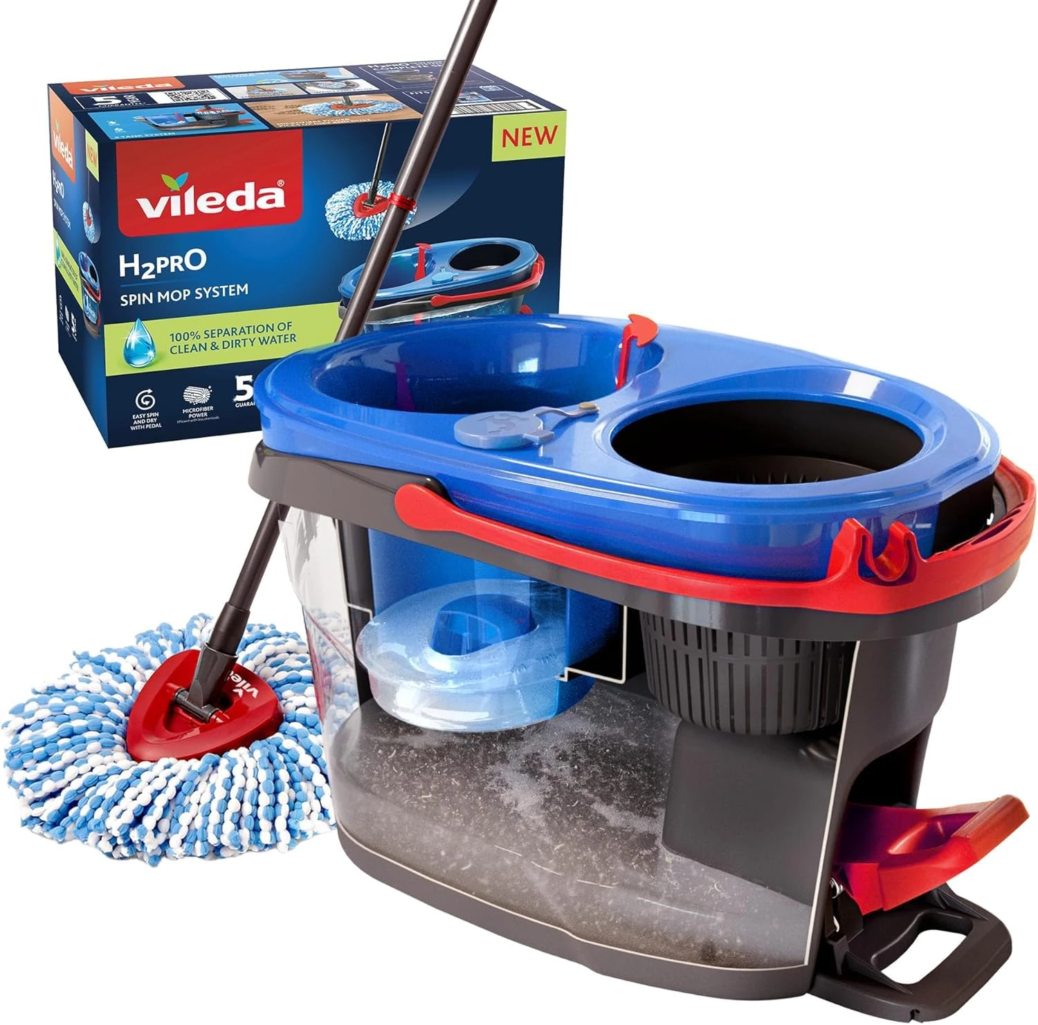 Vileda H2PrO Spin Mop System - Separates clean and dirty water - Effortless wringing - Microfibre cleaning - Easy assembly - Ergonomic design - Formerly known as Vileda RinseClean