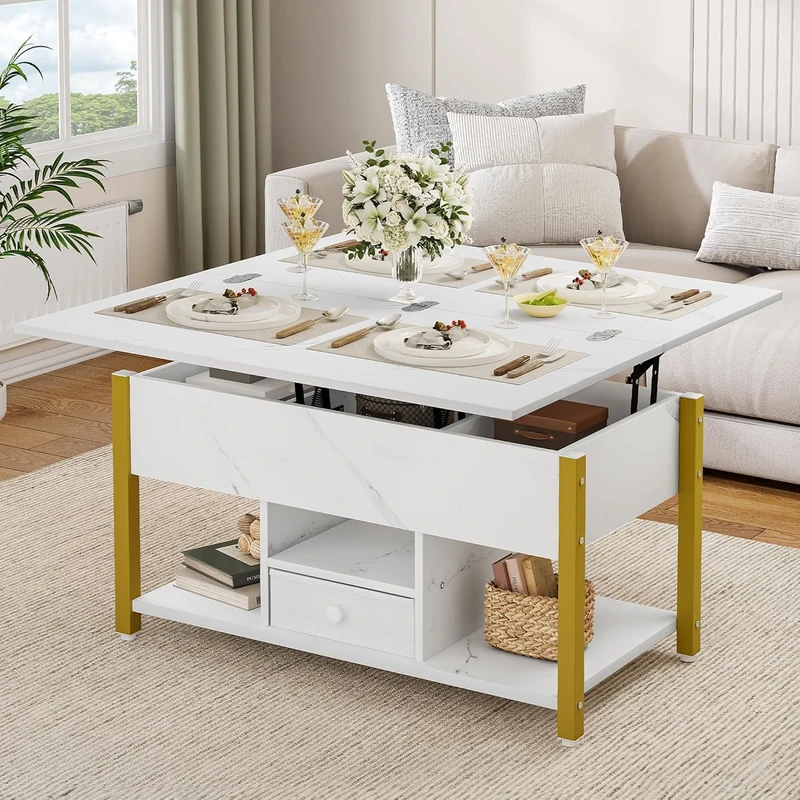 DWVO Lift Top Coffee Table, Converts to Dining Table, Features Drawers & Hidden Storage, Multi-Functional Coffee Table Living Room, White Marble, 90x47.8x47.5-61.7cm
