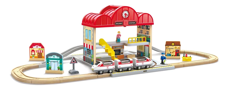Hape Portable Train Station Set | Wooden Railway Toy with Figurines, Storage Box & Handle | Expandable, Imaginative Play & Travel-Friendly