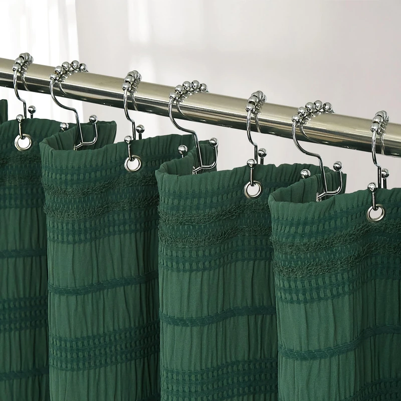 Siiluminisoy Extra Long Dark Green Boho Shower Curtain 72 x84 Cotton Blend Tufted Fabric Waffle Textured Farmhouse Shabby Chic Rustic Minimalist Striped for Bathroom, Hotel