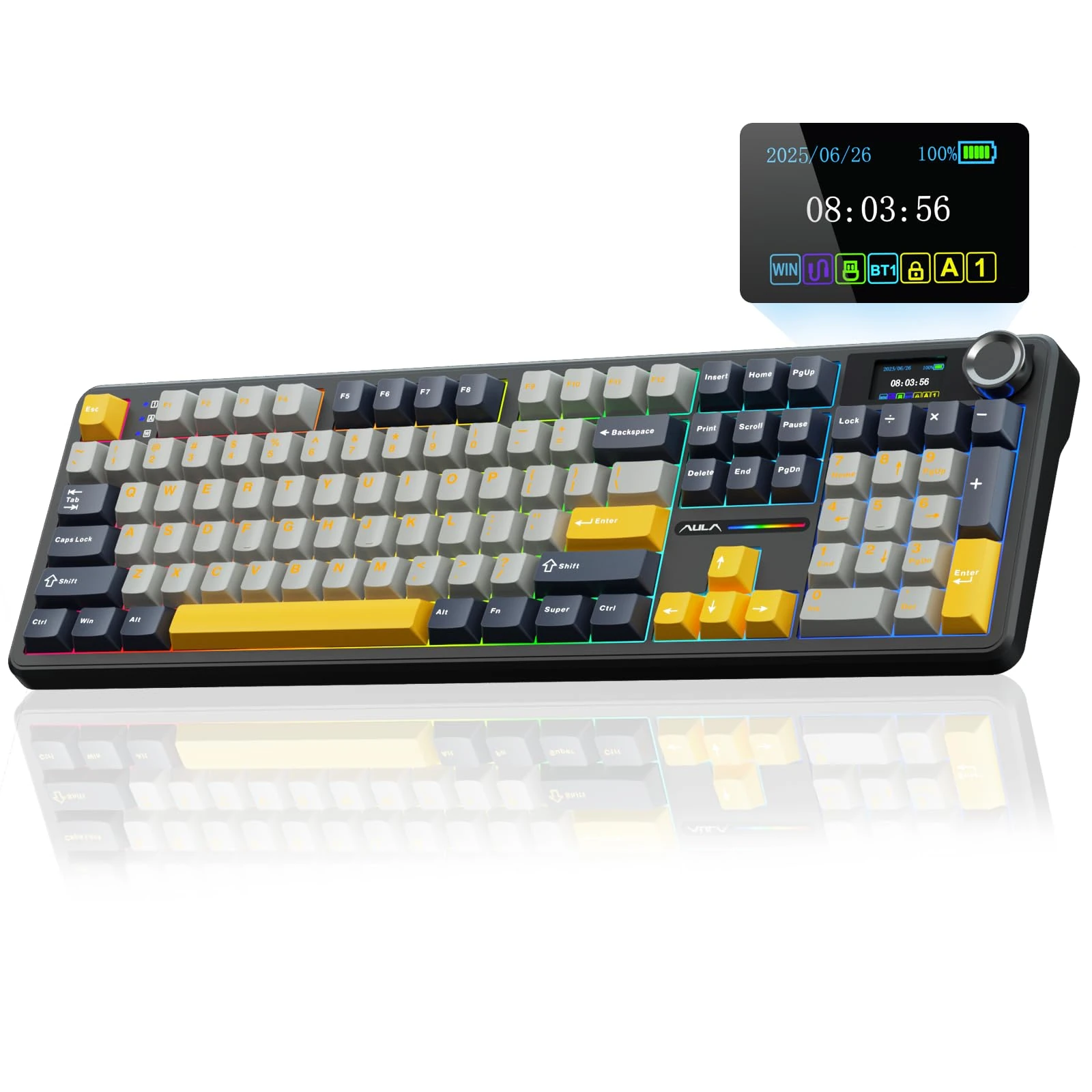 AULA F108 Pro Wireless Gaming Keyboard,Full Size Mechanical Keyboards with Display&Knob,2.4G/BT5.0/USB-C,Five Layers Filling,8000mAh,RGB,Creamy Sound,Hot Swappable Custom Keyboard (Grey&Yellow)