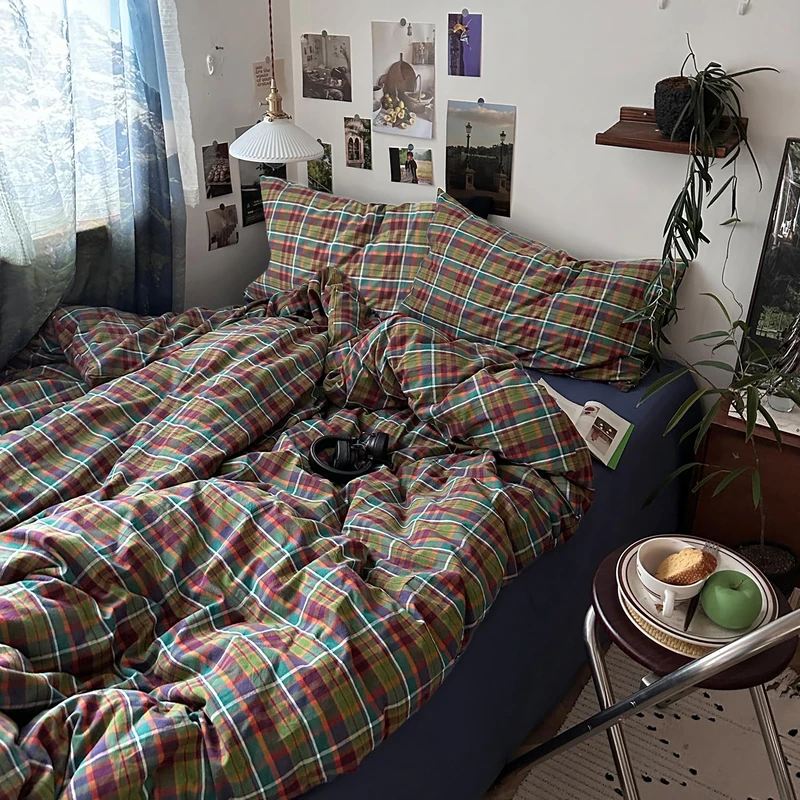 mixinni Buffalo Plaid Duvet Cover Queen Size - 100% Washed Cotton 3-Piece Bedding Set for All Seasons, Retro Grid Design, Soft Breathable Comforter Cover with Zipper Ties for Men, Women-Queen Size
