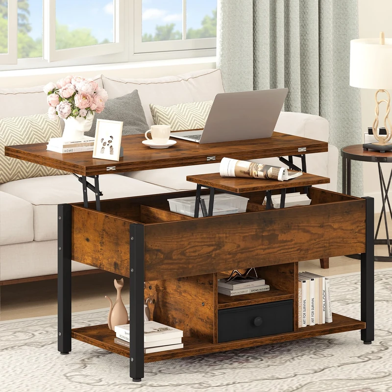 DWVO Lift Top Coffee Table, Converts to Dining Table, Features Drawers & Hidden Storage, Multi-Functional Coffee Table Living Room, Rustic Brown, 90x47.8x47.5-61.7cm