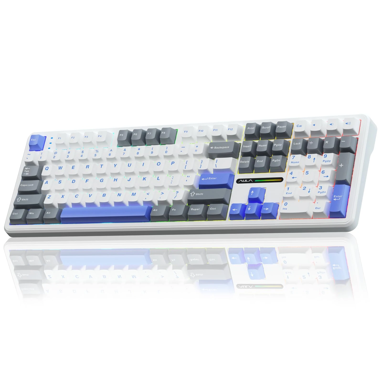 AULA F108 Wireless Gaming Keyboard Full Size,3 Mode 2.4GHz/BT5.0/USB-C Mechanical Keyboards with Five Layers Filling,Pre-lubed Switch,RGB,Creamy Sound,Hot Swappable Custom Keyboard (White&Blue)