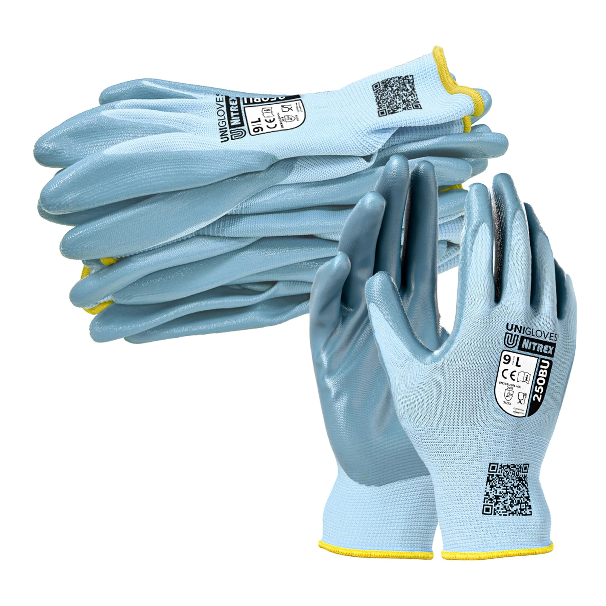 NITREX 250BU Blue, General Handling Safety Gloves, Abrasion Resistant Nitrile Palm Coating, Polyester Liner, Enhanced Grip, Mechanical and Industrial Protection - 10 Pairs, Size 7
