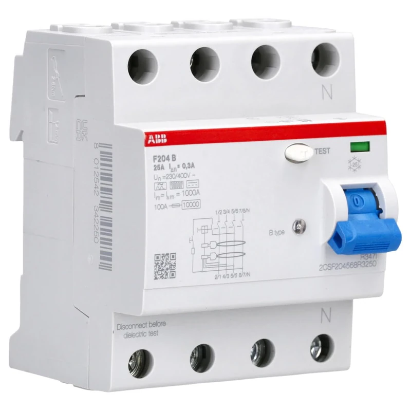 ABB Protecta Plus F204 B-25/0.3 Residual Current Circuit Breaker • 4 Pole • 25A • Type B • 300mA • RCCB • DIN Rail • F200 Series • Earth Fault Protection • 2CSF204568R3250