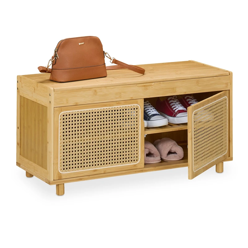 Relaxdays Shoe Bench, with 2 Shelves, Bamboo, Rattan Effect, 45 x 90 x 37 cm, Hallway Footwear Storage, Natural/Beige, Plastic