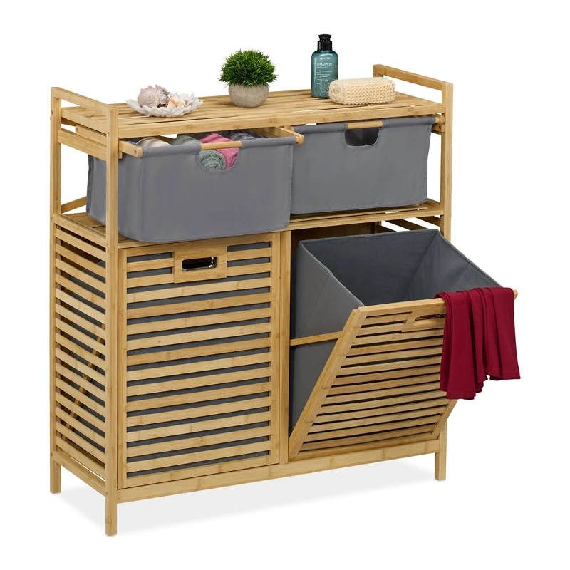 Relaxdays Laundry Basket Rack, 2 Fabric Hampers, 40 L Each, 2 Drawers, Bamboo, Washing Sorter, 95x88x33 cm, Natural/Grey, Polyester