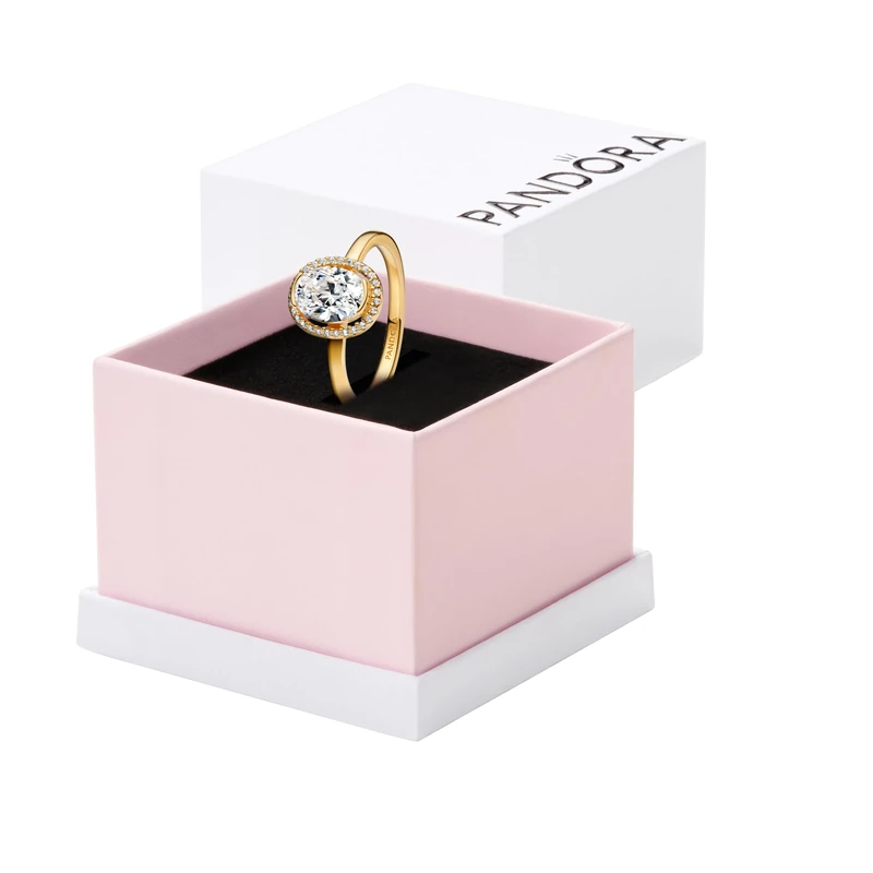 PANDORA 163802C01-50 Women's Ring with Sparkling Halo Oval Gold Tone Size N