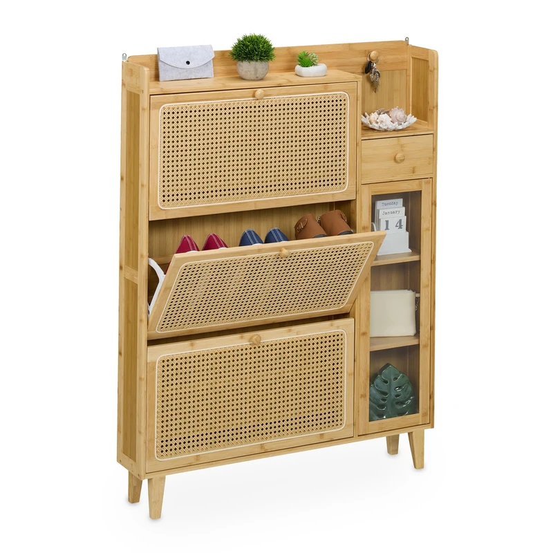 Relaxdays Shoe Cabinet, 5 Compartments, Bamboo Footwear Rack, 127x95x19 cm, for 9 Pairs, 3 Flip Doors, Narrow, Natural, Fibreboard, Plastic