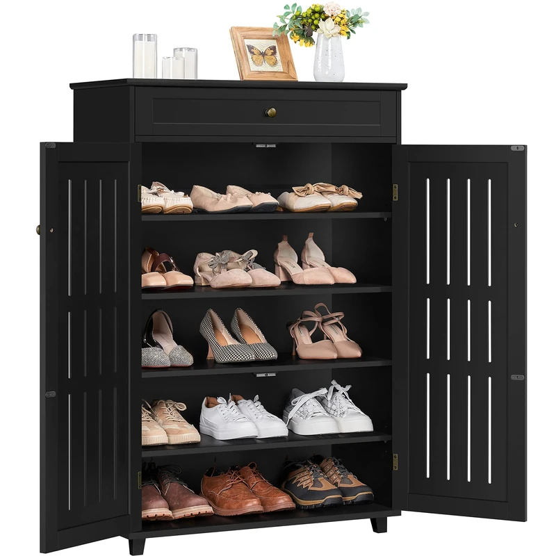 Yaheetech Shoe Cabinet, 5-Tier Wooden Shoes Storage Cabinet with Drawer, Shoe Rack Organizer with Door & Adjustable Shelves for Entryway, Hallway, Black