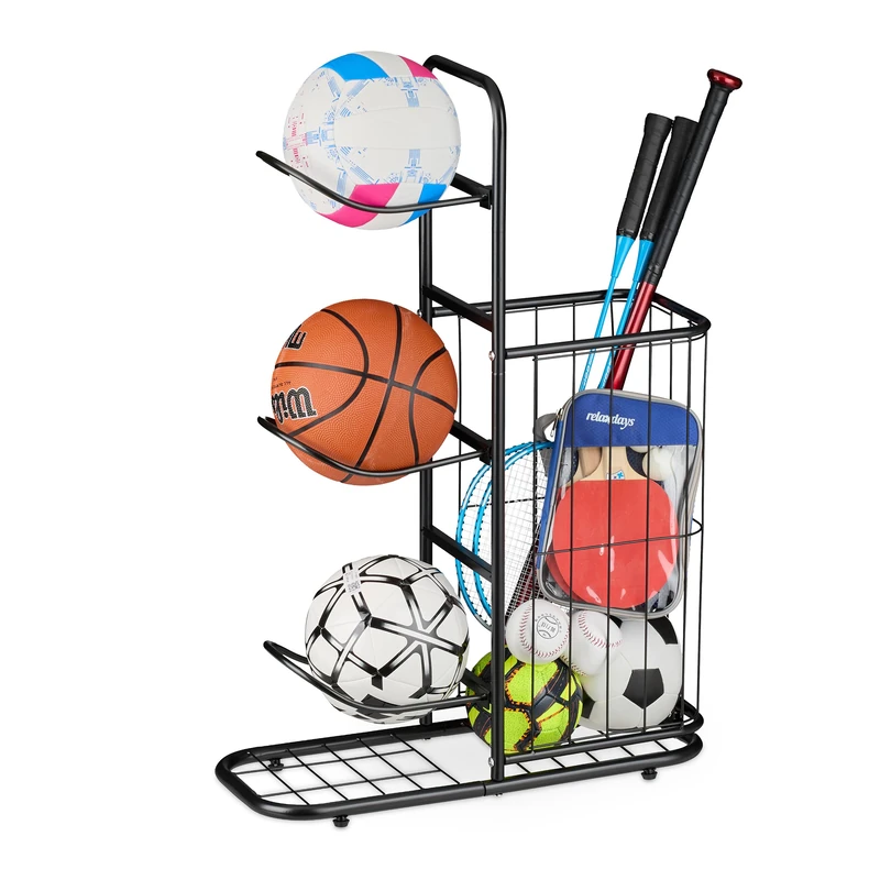 Relaxdays ball rack, 3 removable ball holders, for basketball, football, sports equipment rack with basket, metal, black