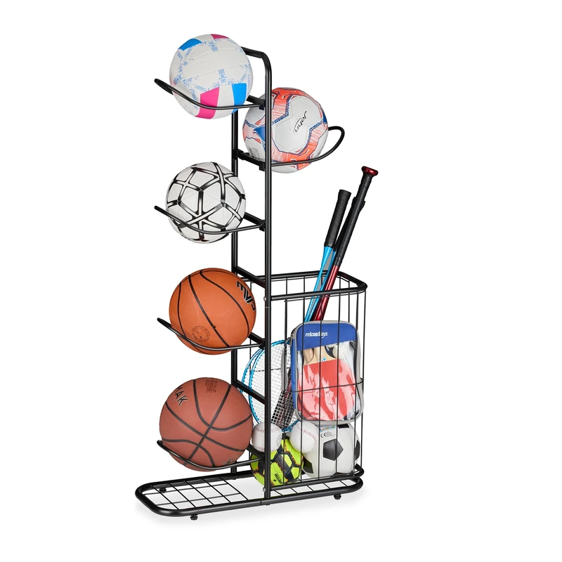 Relaxdays Ball Storage Rack, 6 Holders, for Basketball & Football, with Basket, Sports Equipment Stand, Metal, Black, Steel, 116 x 60 x 23.5 cm