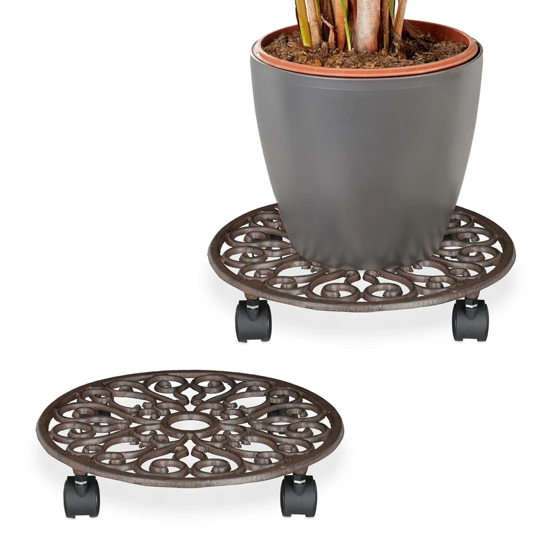 Relaxdays Plant Caddy with Wheels, Set of 2, Round, Antique Design, Cast Iron, 7.5x34 cm, Rolling Flower Stand, Black, Plastic