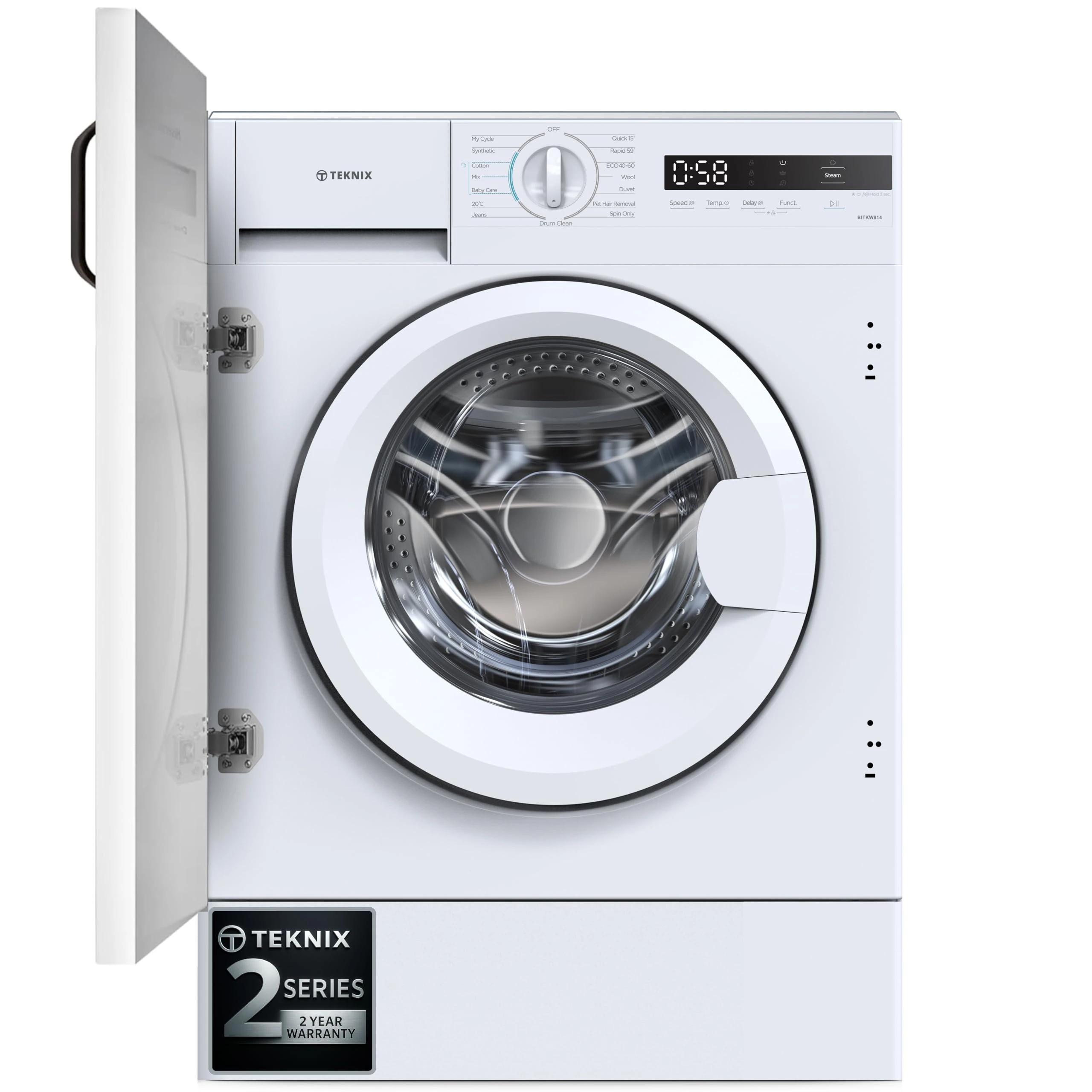 Teknix BITKW814 Integrated 8kg Washing Machine - Built-in with 1400 Spin Speed - Quick Wash - 15 Washing Programs - LED Display, H82.5 x W59.5 x D53.5 (cm)