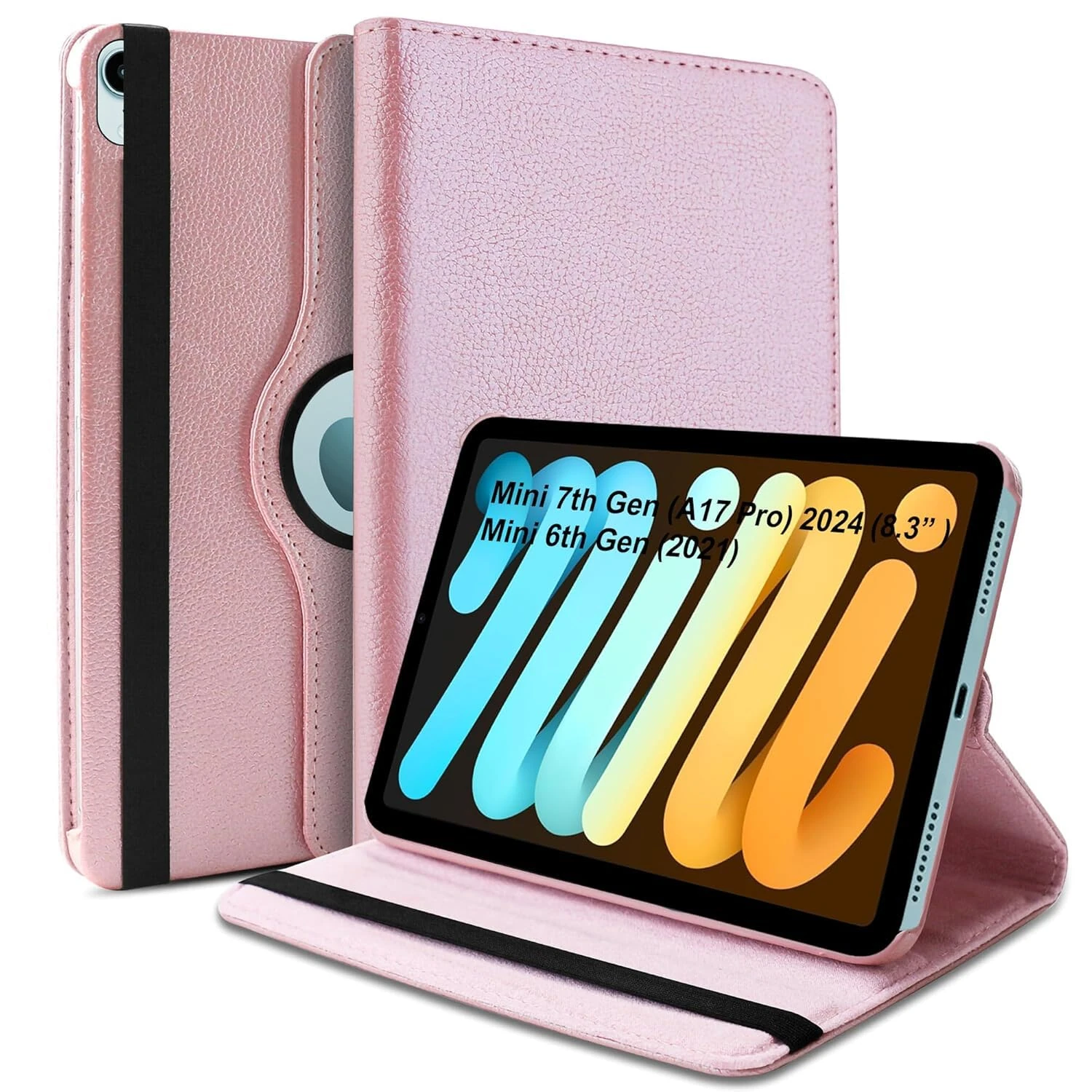 World biz Rotating Case for iPad mini (A17 Pro, 2024 Model, 7th Generation) / mini 6 (2021 Model, 6th Generation), 360 Degree Rotating Leather Protective Stand Cover, Auto Wake Sleep (Rose Gold)