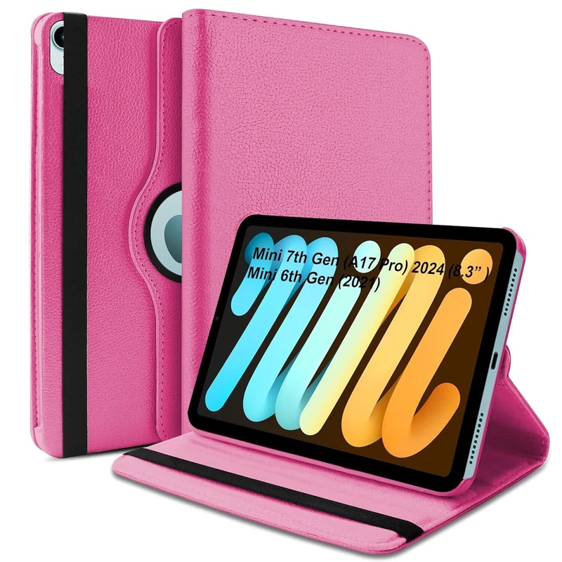 World biz Rotating Case for iPad mini (A17 Pro, 2024 Model, 7th Generation) / mini 6 (2021 Model, 6th Generation), 360 Degree Rotating Leather Protective Stand Cover, Auto Wake Sleep (Pink)