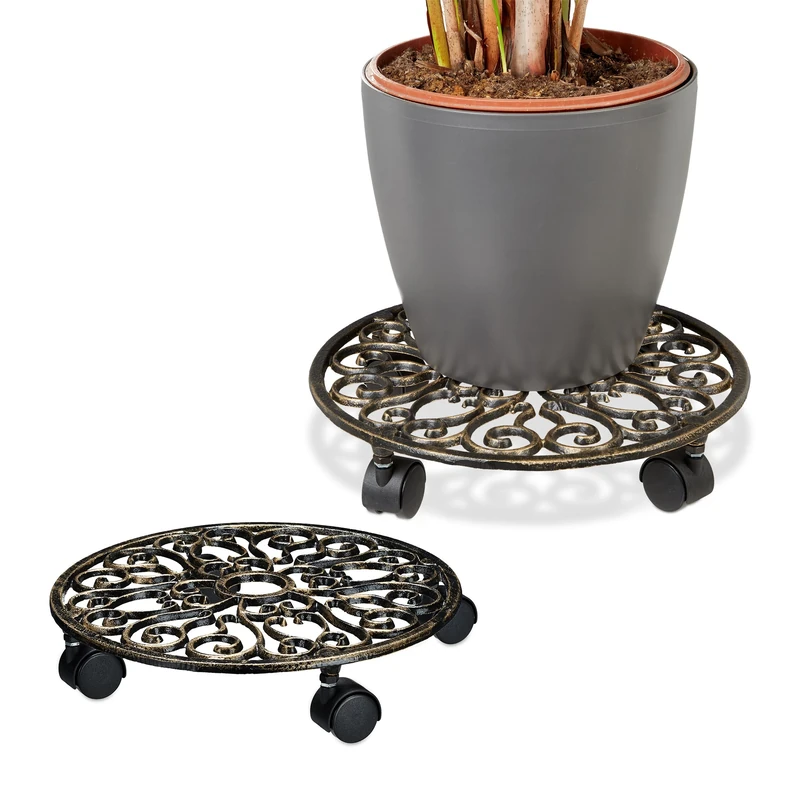 Relaxdays Plant Caddy with Wheels, Set of 2, Round, Antique Design, Cast Iron, 7.5x34 cm, Rolling Flower Stand, Bronze