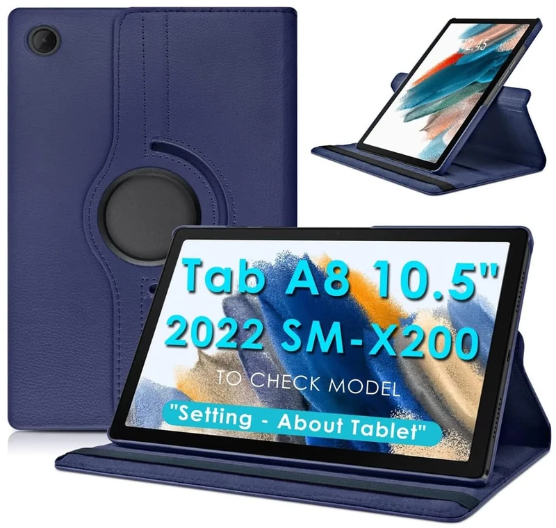 World biz Case for Samsung Galaxy A8 10.5-Inch 2021 Tablet (SM-X200/X205/X207), 360 Degree Rotation Protective Stand Leather Folio Cover Back, Auto Wake/Sleep Tab A8 (Navy)