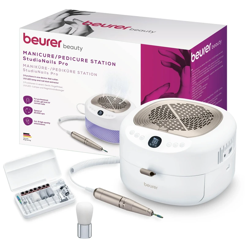 Beurer MP 200 StudioNails Pro Manicure/Pedicure Professional Station 3-in-1 Electric Nail Cutter with UV/LED Lamp & Dust Extraction, Suitable for Gel and Acrylic Nails, 9 Attachments