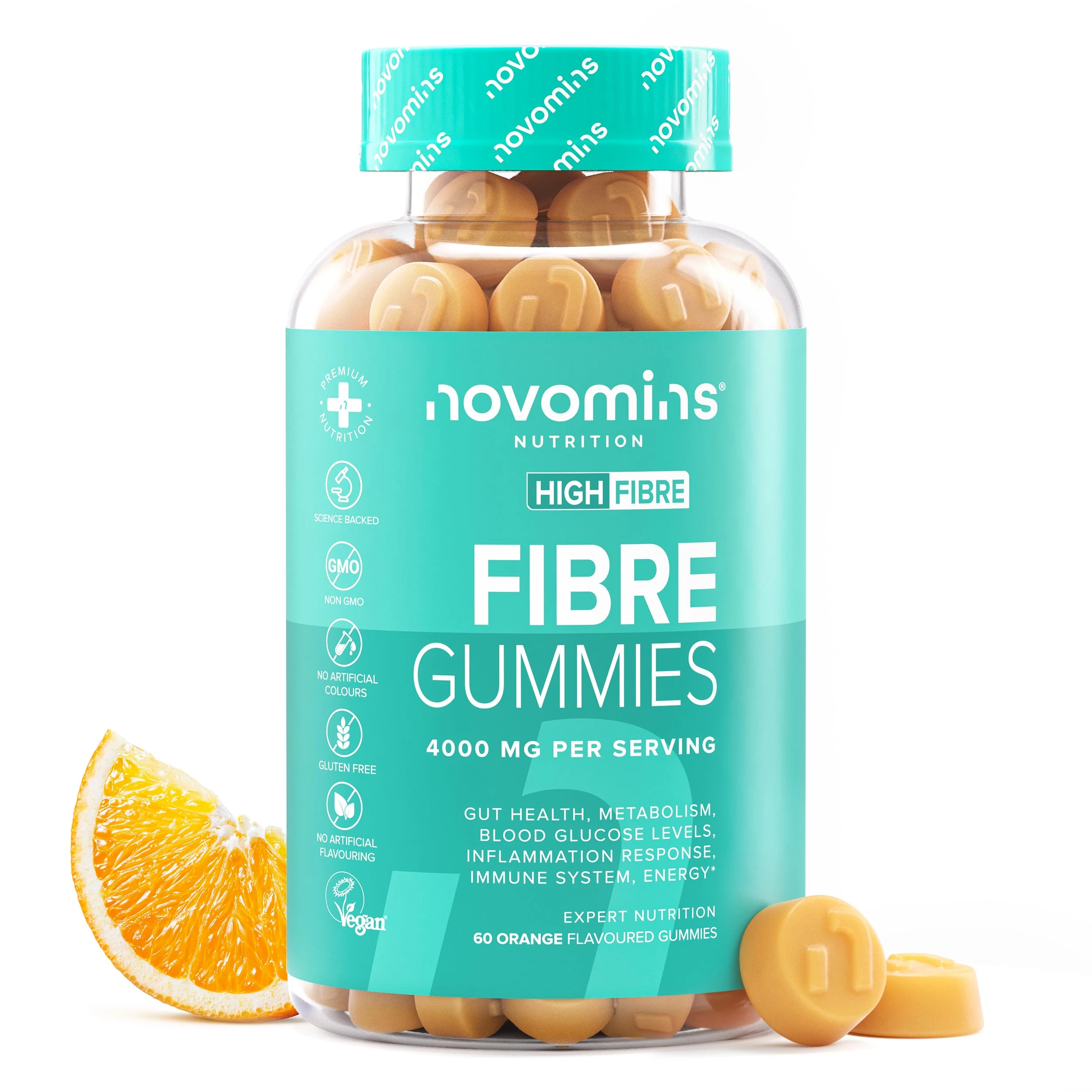 Fibre Gummies – 4000 mg High Fibre – Fibre Supplements with Calcium for Gut Health and Digestive System Support - Vitamin D, B12, Chromium and Inulin - 60 Gummies – by Novomins