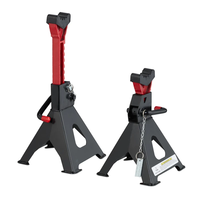 Relaxdays Car Jack Stands, Set of 2, 29-42 cm, Height-Adjustable, 3 Ton Capacity, Vehicle Supports, Steel, Black/Red, Cast Iron, Rubber
