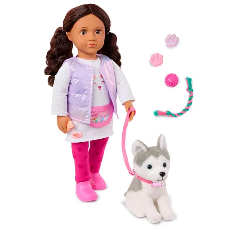 Our Generation - Estella - 18-Inch Doll & Pet Puppy Set - Lifelike Dark-Brown Eyes & Wavy Dark-Brown Hair - Husky Dog Plush Stuffed Animal & Accessories - Pretend Play - Toy for Kids 3 Years +