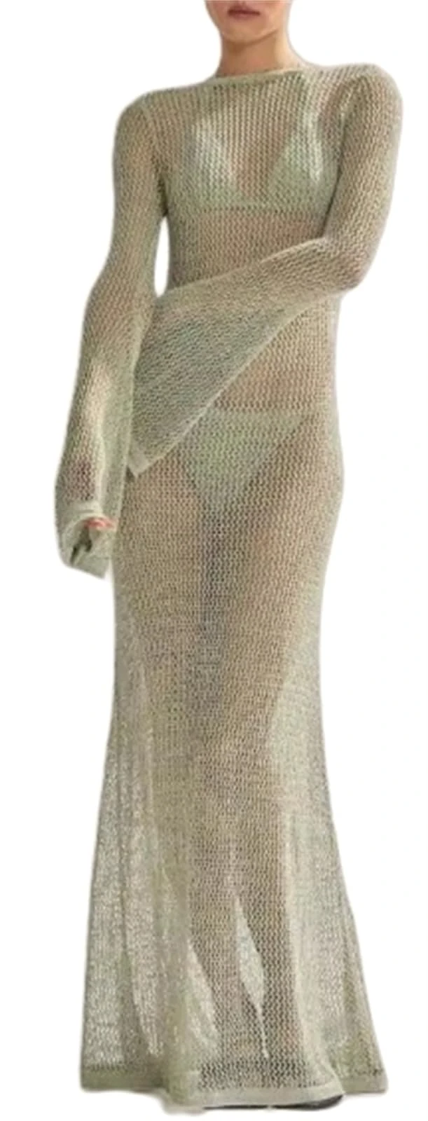 Women's Sexy Backless Swimwear Cover Up Crochet mesh Beach Dress Knit Flared Long Sleeve Bikini Cover Up (Green,M)