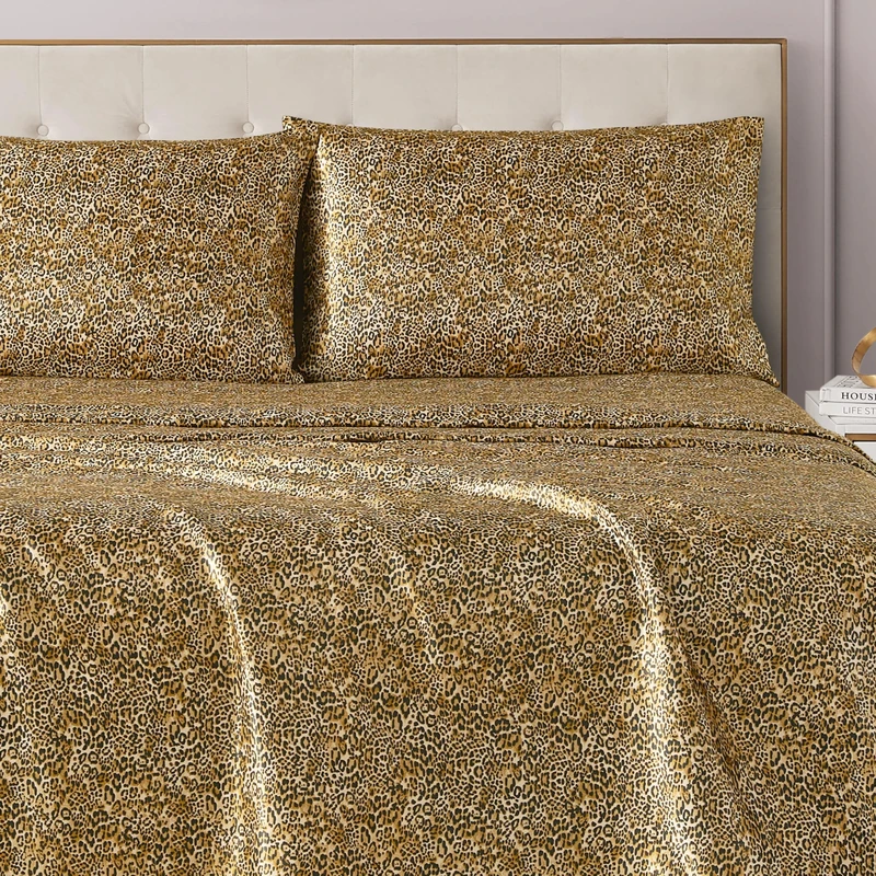 Juicy Couture King Size Satin Bed Sheet Set, Deep Pocket Silky King Sheet Set with 1 Fitted Sheet, 1 Flat Sheet, 2 Pillowcases, Wrinkle Resistant and Anti Pilling Bed Sheets - Monica Leopard - Image 1