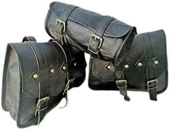 Handmade Panniers Luggage Leather Saddle Bags || Motorcycles Bike Power Sports Moped Accessories || Leather Dual Sport Motorcycle Left Right Two Side Bag with Tool Bag (Set of 3 Black)