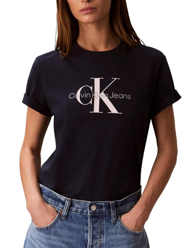 Calvin Klein Womens Monogram Logo Crewneck T-Shirt, Dark Sapphire, S