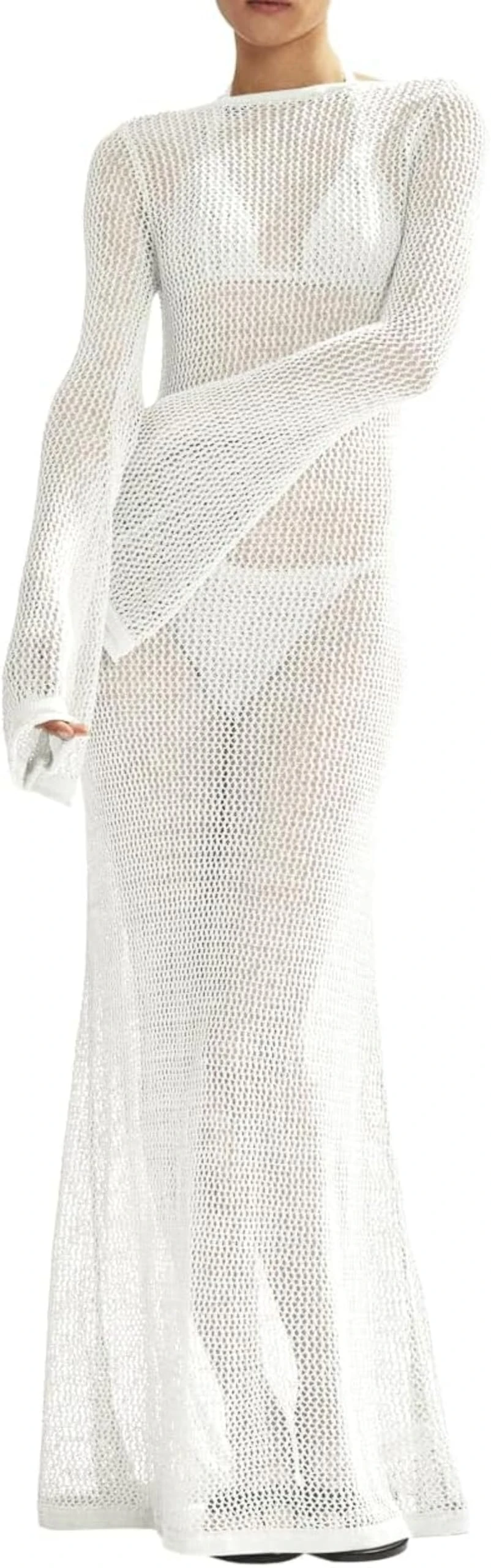 Women's Sexy Backless Swimwear Cover Up Crochet mesh Beach Dress Knit Flared Long Sleeve Bikini Cover Up (White,M)