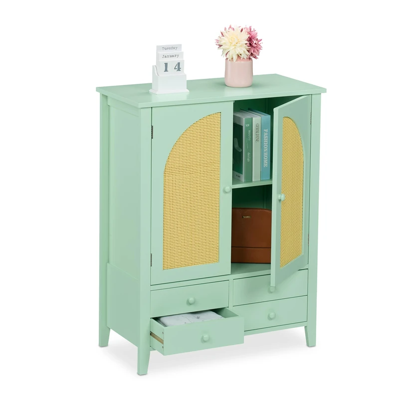 Relaxdays Sideboard, Rattan Design, 4 Drawers, 2 Shelves, 90x70x34 cm, Living room & Hallway, Storage Cabinet, Turquoise, Plastic, Fibreboard