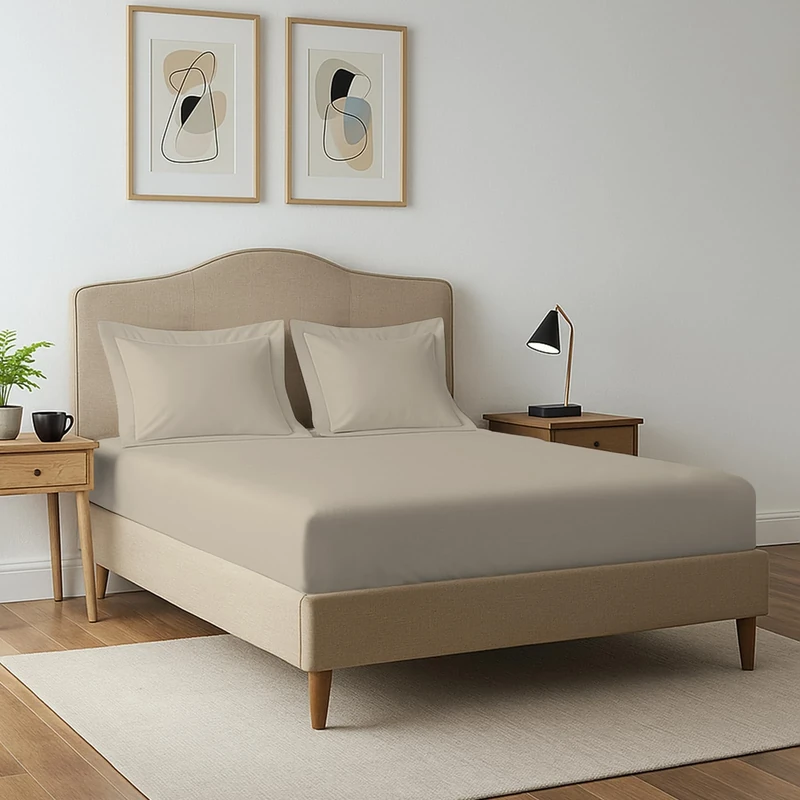 Pizuna 400 Thread Count Double Fitted Sheet 140x200 cm with 2 Pillowcases, Simply Taupe, 100% Long Staple Cotton, Soft Sateen Weave, 40 cm Deep Fitted Sheets Double Bed