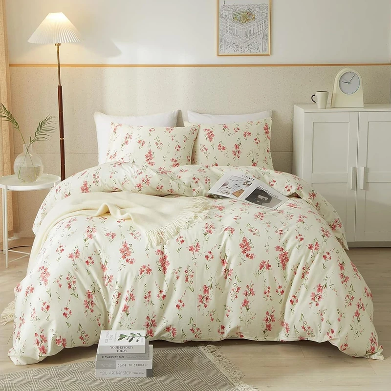 HighBuy Boho Comforter Set Queen Size Beige 3 Pieces Pink Floral Lightweight Comforters Queen Size for Woman Girl Soft Jacquard Queen Comforter for All Seasons