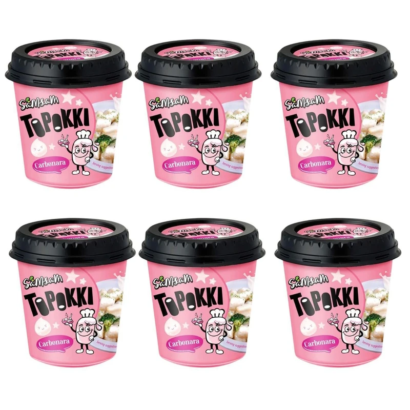 SamSam Instant Tteokbokki Topokki Korean Rice Cakes Chewy Street Snack, Multi Flavours, Carbonara, Cheese, Curry, Garlic Teriyaki, Jjajang, Rose, Original Sweet & Spicy (Pack of 6, Carbonara)