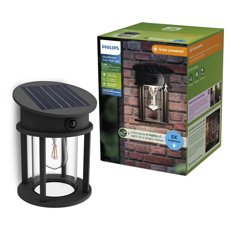 Philips Geri UltraEfficient Outdoor Solar Wall Light, Replaceable Solar Bulb, Motion Sensor, 4000K, Round, Black