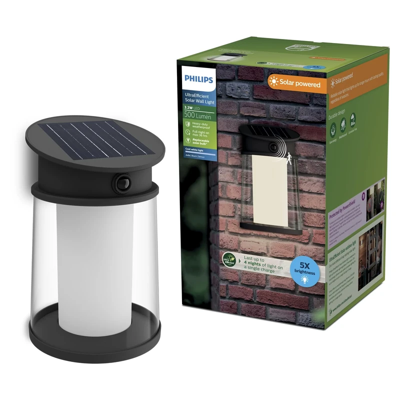 Philips Juda UltraEfficient Outdoor Solar Wall Light, Replaceable Solar Bulb, Motion Sensor, 4000K, Black