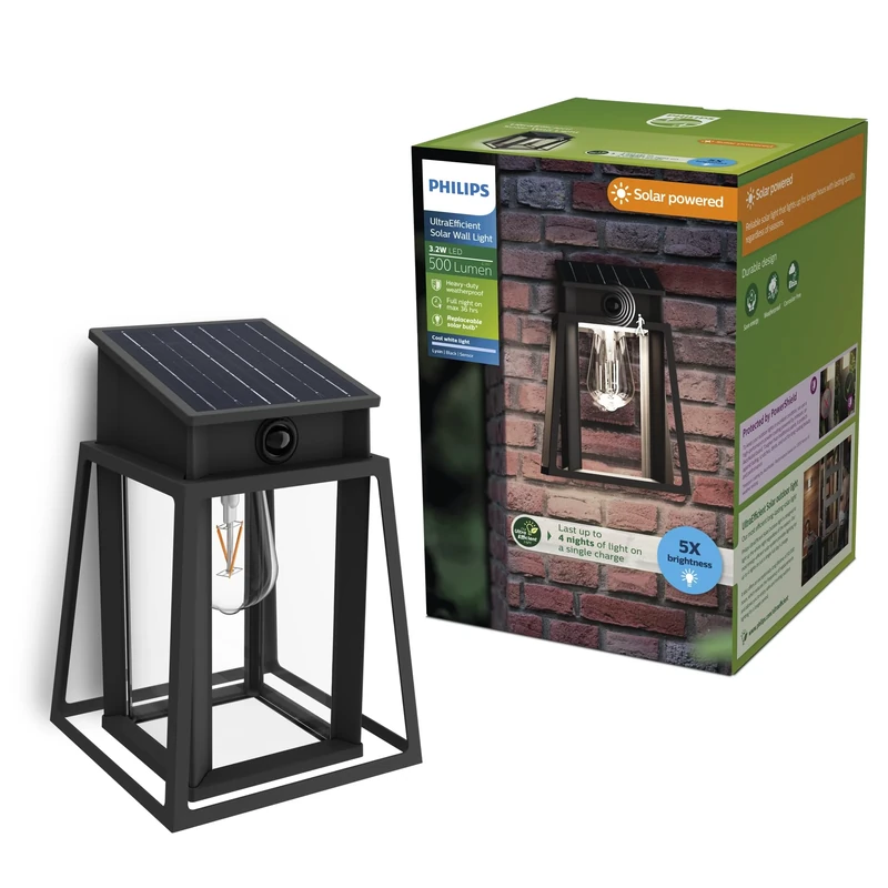 Philips Lysin UltraEfficient Outdoor Solar Wall Light, Replaceable Solar Bulb, Motion Sensor, 4000K, Black