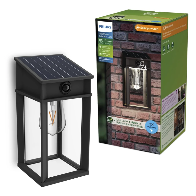 Philips Geri UltraEfficient Outdoor Solar Wall Light, Replaceable Solar Bulb, Motion Sensor, 4000K, Square, Black