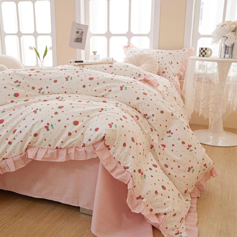 HighBuy Strawberry Full Comforter Set Cute Ruffle Bedding Comforter with 2 Pillowcases Fluffy Kawaii Bedding Sets Full Girl Ruffled Comforter Sets for All Season,Lightweight