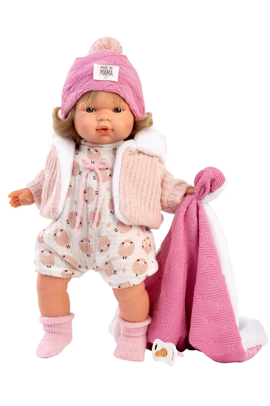 Llorens 1038572 Lola Doll with Grey Eyes and Blonde Hair, Soft Body Baby Doll with Knitted Outfit with Hat and Pink Cuddly Blanket, 38 cm