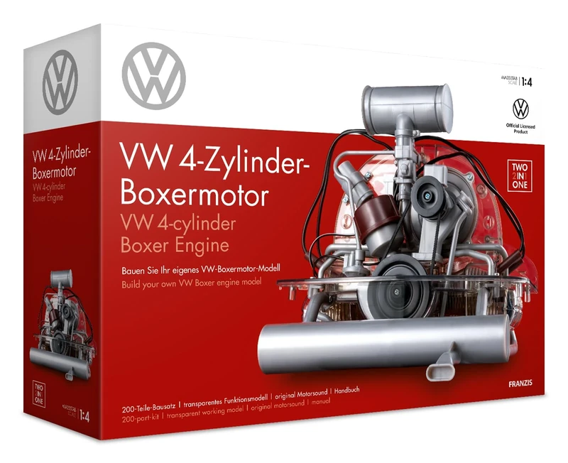 FRANZIS 67308 Volkswagen VW 4-cylinder boxer engine 2 in 1, faithful engine kit in scale 1:4, including sound module, instructions and 100-page accompanying book