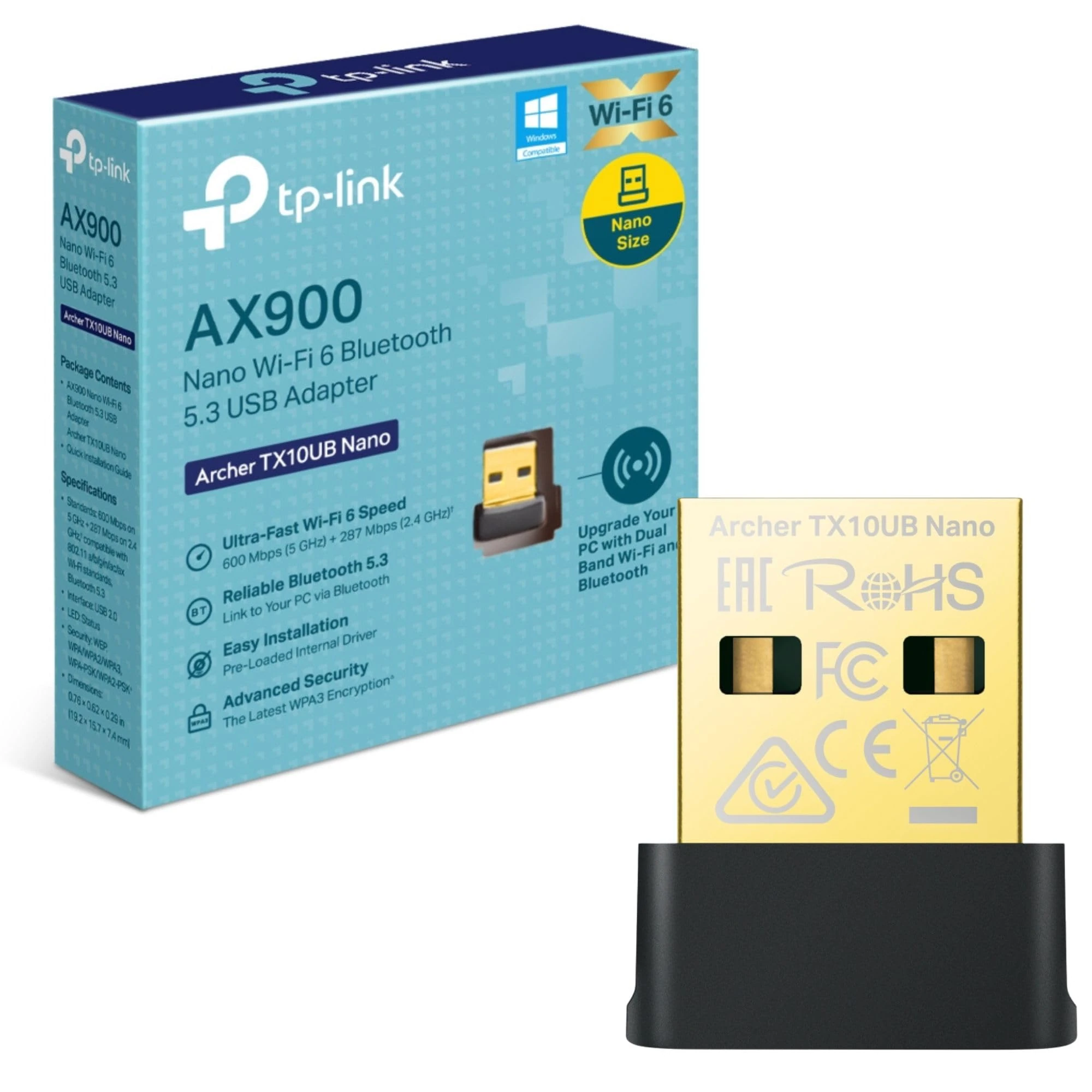 TP-Link Archer TX10UB Nano AX900 Nano Wi-Fi 6 Bluetooth 5.3 USB Adapter, Lower Latency, Higher Efficiency, and Less Congestion, Advanced Security with WPA3