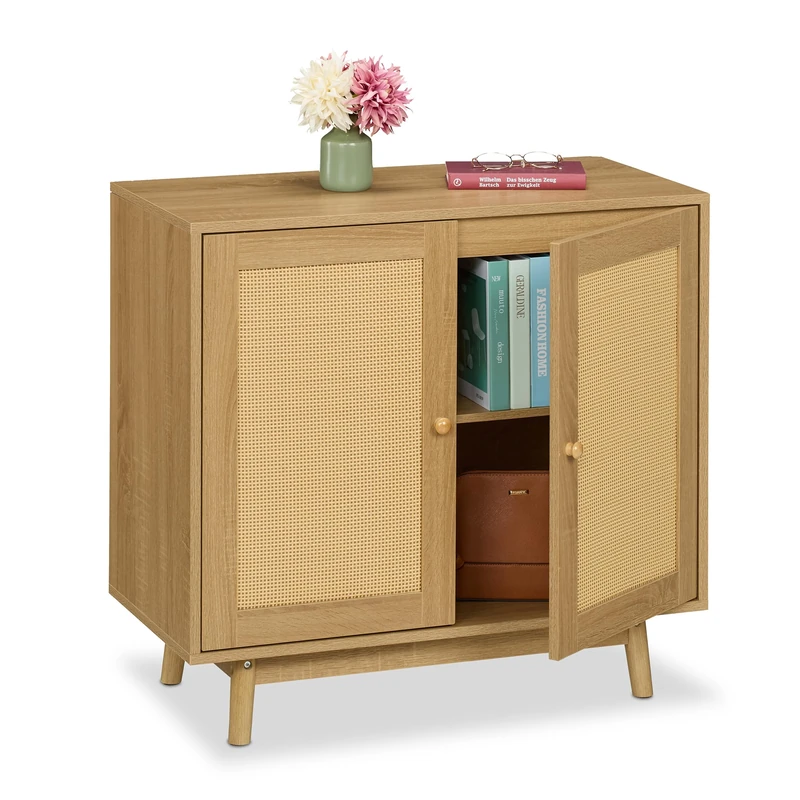 Relaxdays Sideboard, 2 Compartments, Rattan & Wood Look, HxWxD: 75 x 80 x 40 cm, Living Room & Kitchen Cabinet, Natural, Plastic, Fibreboard