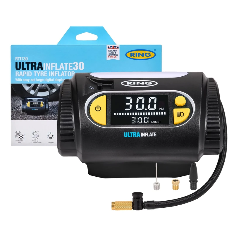 RING ULTRAINFLATE 30 Rapid Digital Tyre Inflator - Digital Display With Quick Set, Auto-Stop & Progress Meter