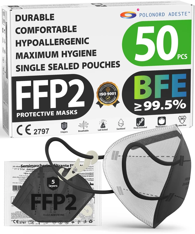 FFP2 NR D Masks Pack of 50 – Black, CE certified, controlled supply chain, comfortable, hypoallergenic, and adjustable elastic bands. Safe: filtration in wear simulation 99.5%. Single sealed pouches