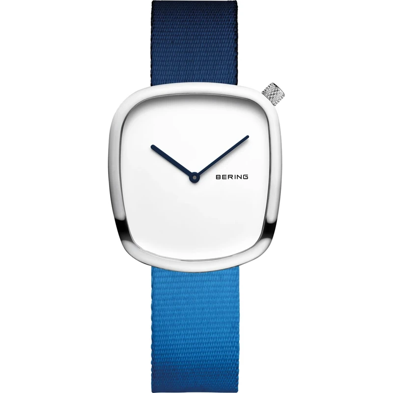 BERING Damen Quarz Uhr | Armbanduhr 30 mm schwarzes Edelstahlgehäuse und weißes Zifferblatt | Natoarmband | Saphierglas | 3 ATM | 18034-309