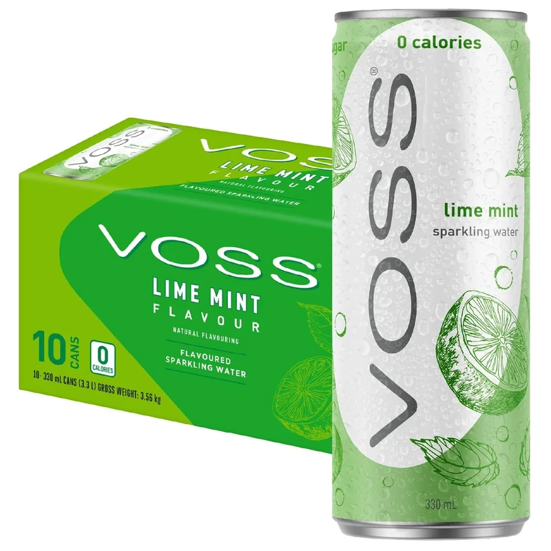 VOSS Flavoured Sparkling Water Zero Sugar Drink Zero Calorie Naturally Sourced Water 10x 330ml Multipack (Lime Mint)